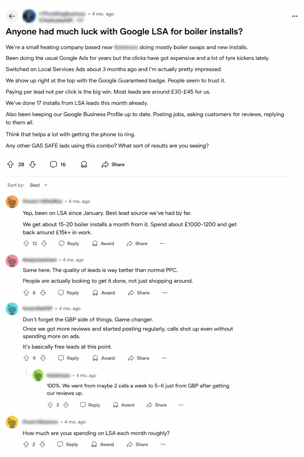 Online discussion between UK Gas Safe engineers about results from Google Local Services Ads and Google Business Profile for boiler installations