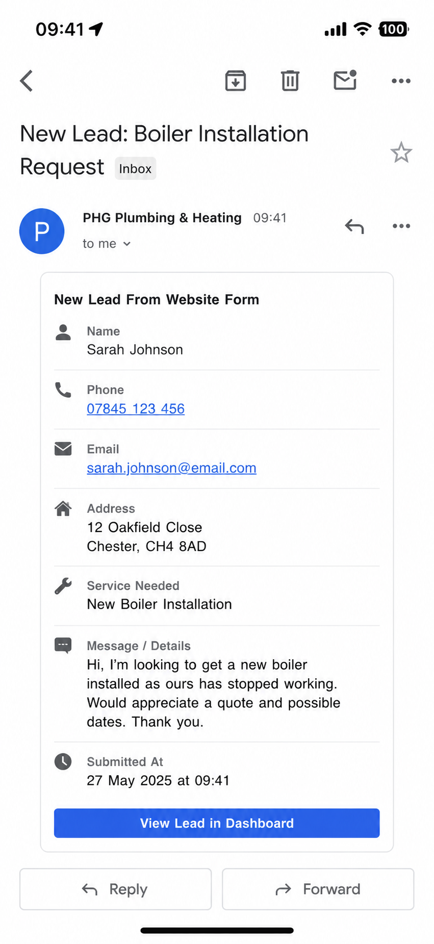 Example email showing a new boiler installation enquiry with the homeowner's name, phone number, email, address and job details